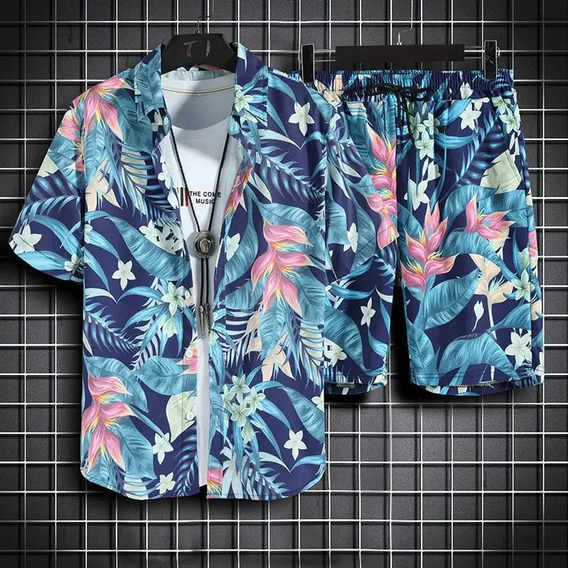 Summer New Men Beach Clothes 2 Piece Set Quick Dry Hawaiian Shirt Shorts Set Men Fashion Clothing Printing Casual Male Outfits
