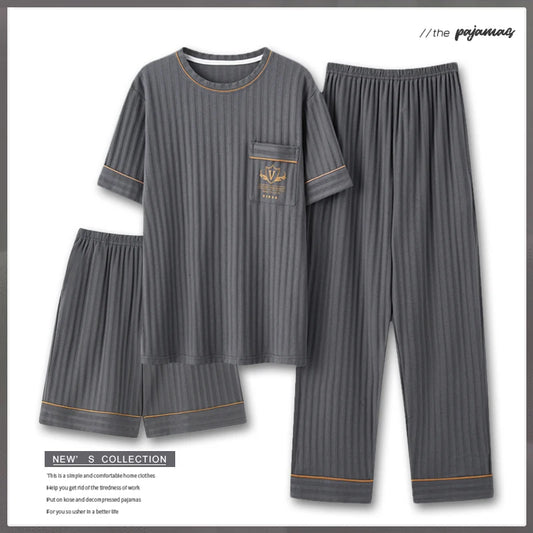 Men's Fashion Summer 3-Piece Pajamas Set Short Sleeve round Collar Cotton Homewear plus Size 5XL Shorts Loungewear Pijamas