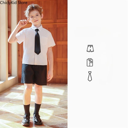 Girls Short Sleeve Blouse Skirt Boys British Shirt Shorts Children Kindergarten Students Summer Clothes Sets Kids School Uniform