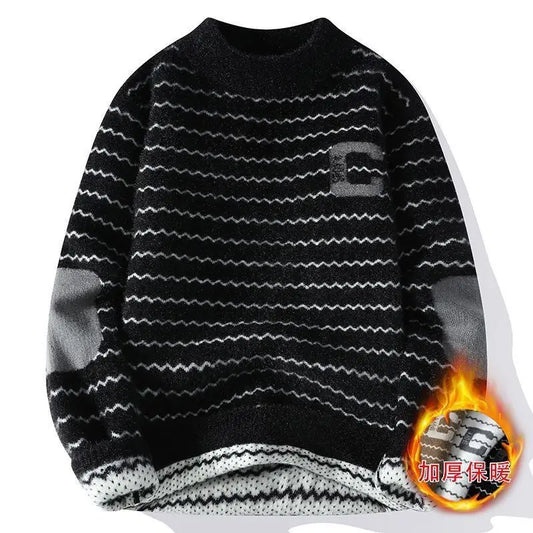 Sweater for Men Classic Fleece Lined Thick Warm Stripes Thicken Warm Base Layer Pullover Half-high Collar Trendy Casual Sweater