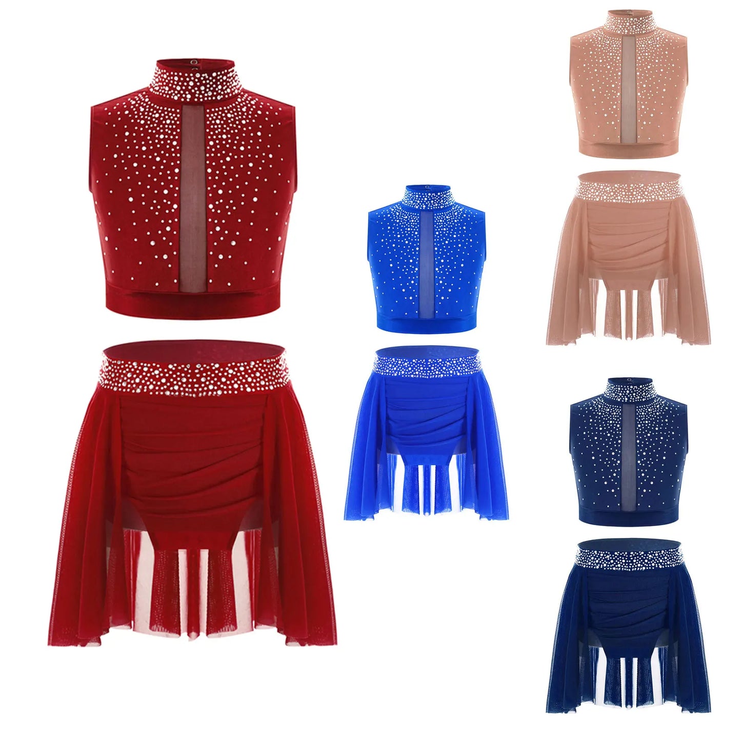 Teen Girls Modern Lyrical Dance Performance Outfit Sleeveless Crop Top with Leotard Skirt for Skating Jazz Ballet Gymnastics
