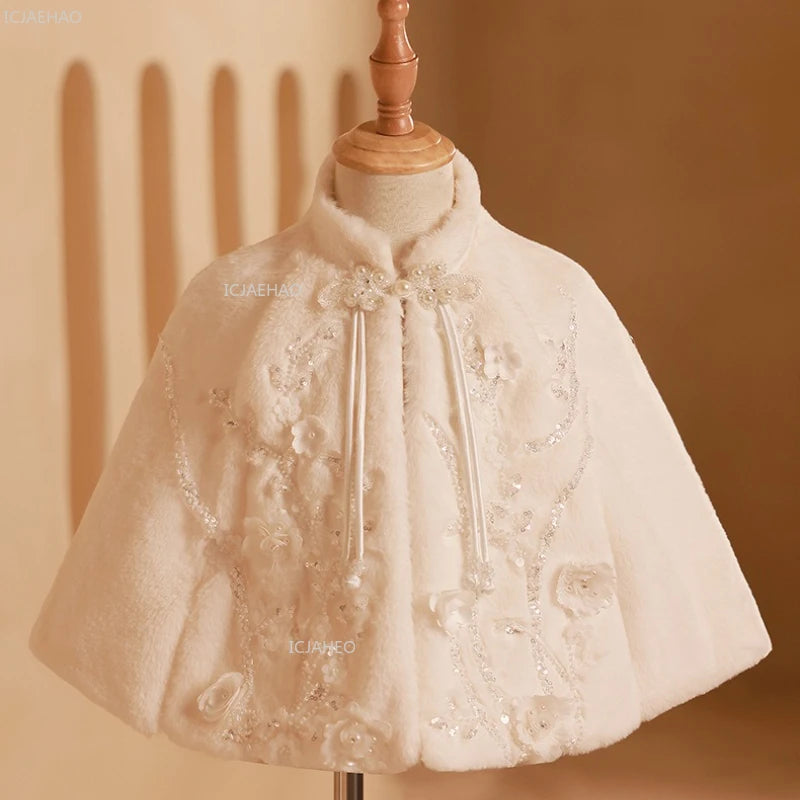 Girls Costumes Winter Warm Thick Shawl White Bridal Pageant Fashion Show Outerwear Kids Clothes Children Flower Girl Wedding