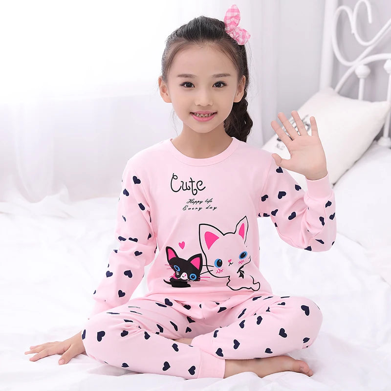 Girls' pure cotton underwear spring and autumn cartoon print loungewear set children's pajamas comfortable crew neck topandpants