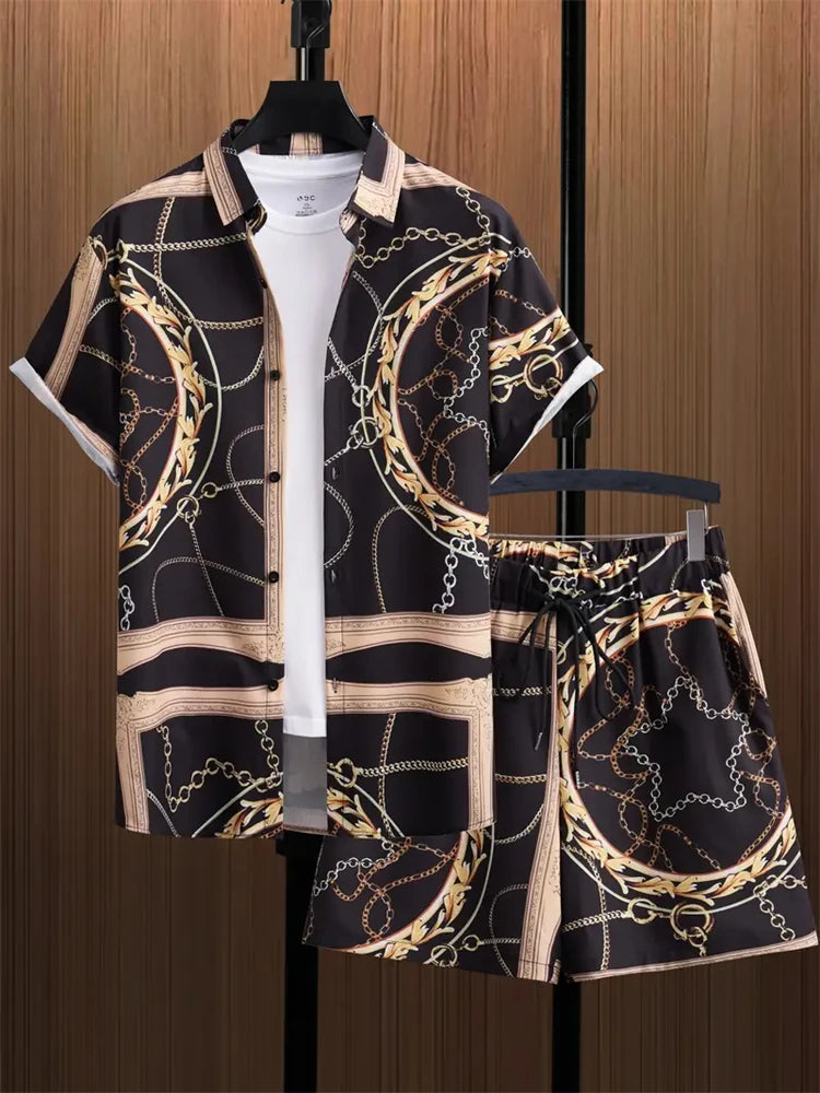 2024 New Men's Beach Wear 2-Piece Quick Drying Hawaiian Shirt and Shorts Set Summer Men's Fashion Striped Print Casual Wear