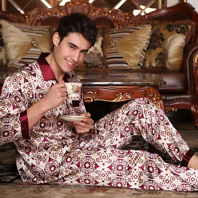 Spring Autumn New Male 2PCS Pajamas Set Sleepwear Print Long Sleeve Trouser Pijamas Suit Loungewear Loose Silk Satin Home Wear