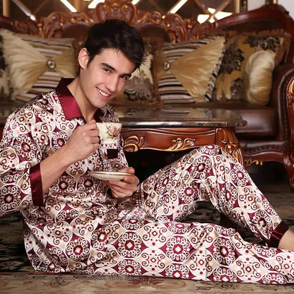 Spring Autumn New Male 2PCS Pajamas Set Sleepwear Print Long Sleeve Trouser Pijamas Suit Loungewear Loose Silk Satin Home Wear