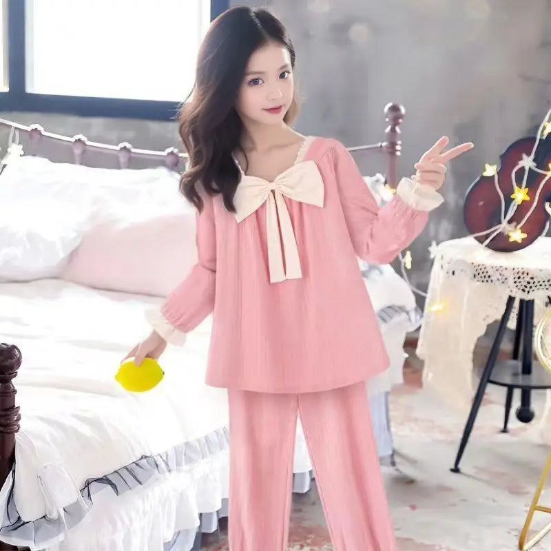 Girls Pajamas Spring Autumn Thin Cotton Yarn Two-piece Girl Princess Style Long-sleeved Suit Children Air-conditioning Clothing