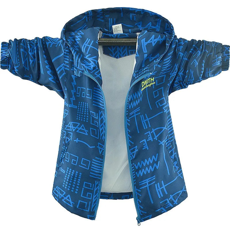 Teen Boys Casual Jacket Spring Autumn New Letter Print Thin Hooded Windproof Coat For 3-12 Years Kids Sports Outdoor Jacket