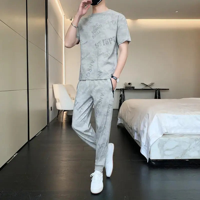 Male T Shirt Pants Sets Jogging Sports Suits Cheap Basic Tracksuit Print Smooth Top 5xl Regular Fit Graphic S Xl Clothes for Men
