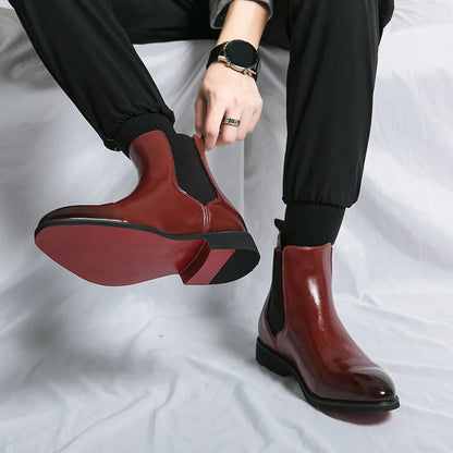 Men's Boots Business Ankle Boots Red Sole Pointed Toe Dress Boots British High Top Leather Shoes Slip-On Casual Men Chelsea Boot