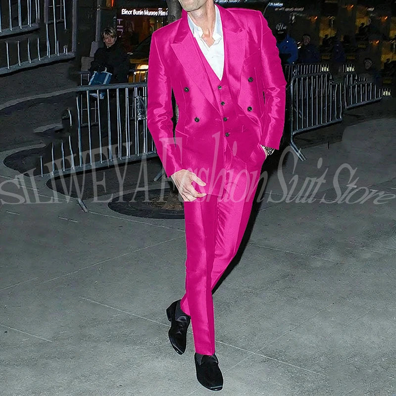 Men's 3 Piece Suit Sets Luxury Red Satin Men Notch Lapel Double-Breasted Suit Blazer+Vest+Pants Customed for Business & Weddings