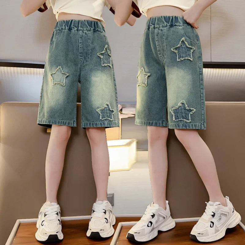 Girls Shorts Summer Kids Casual Loose Jeans Children Denim Knee Length Pants Teenager Fashion High Waist Shorts Clothing