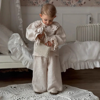 Teen Girl Clothes Kids Kids Long Sleeve Top Costume Spring Autumn French Style Girls Linen Blouse Layered Lace Shirt Versatile