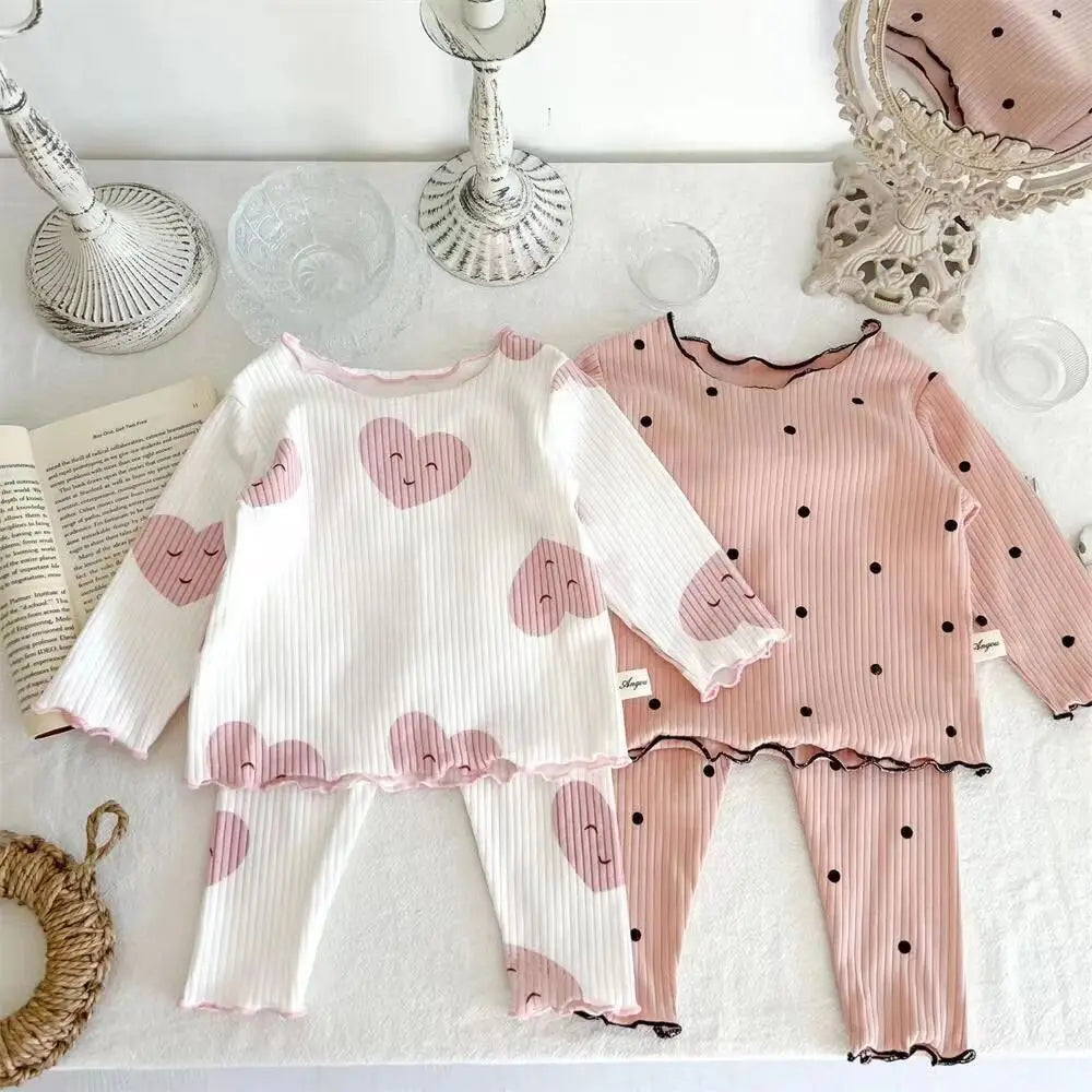 New Girls' Pajamas Homewear Children's Long-Sleeved Ice-Silk Pajamas Two-Piece Wood Earring Set Air-Conditioning Suit Suit
