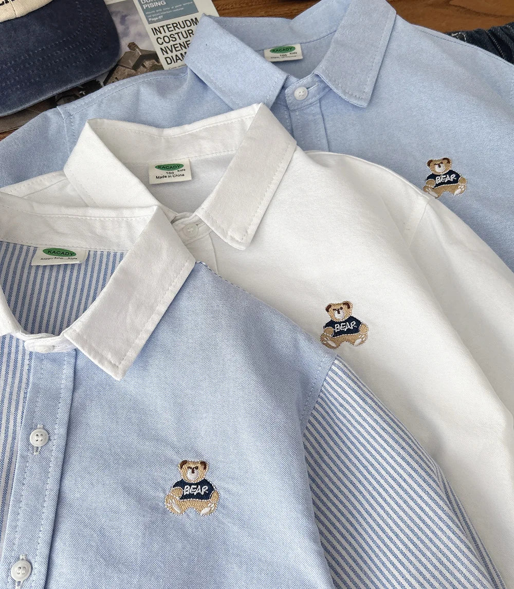 Children's Shirt Boys' Striped Shirt Spring  Autumn 2025 Cute Bear Embroidery Children's Casual Cartoon Top Baby Blue Shirt