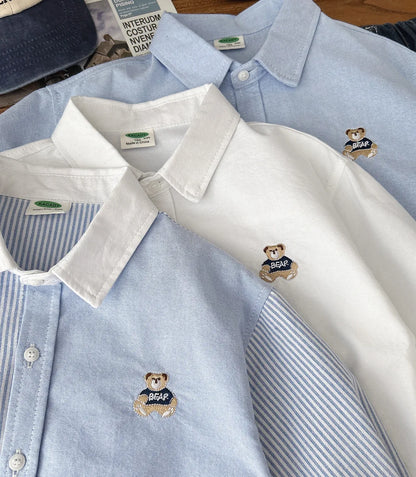 Children's Shirt Boys' Striped Shirt Spring  Autumn 2025 Cute Bear Embroidery Children's Casual Cartoon Top Baby Blue Shirt