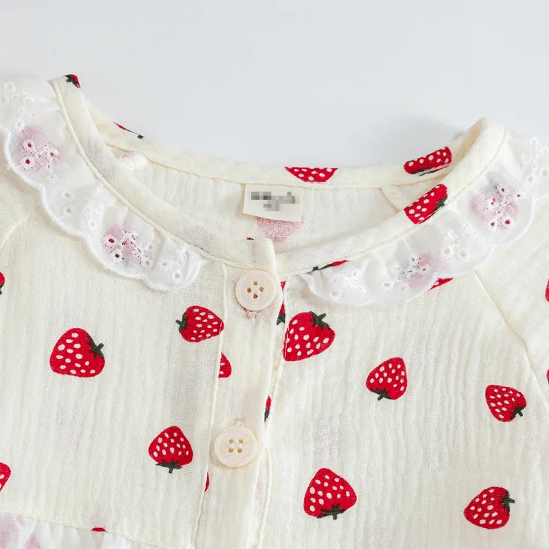 Baby Girl Cotton Sleepwear Infant Toddler Lace Strawberry Print Pajamas Set Homesuit Spring Autumn Nightwear Baby Clothes 1-7Y