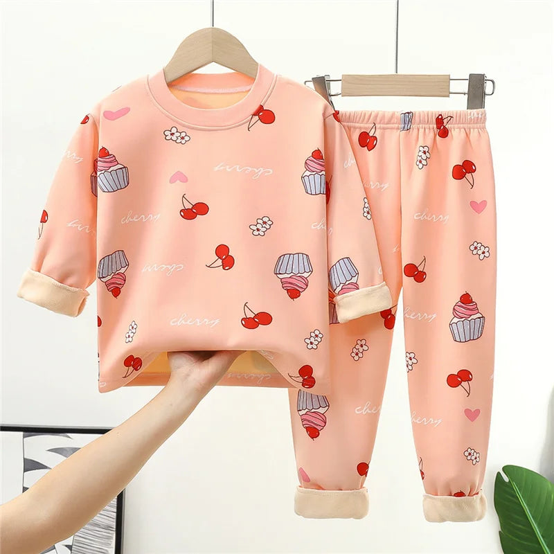 Girls Warm Pajama Clothing Sets Autumn Winter Kids Plus Velvets Suits Teen Boys Fashion Print Pullover+Pants 2Pcs Outfits 1-14 Y