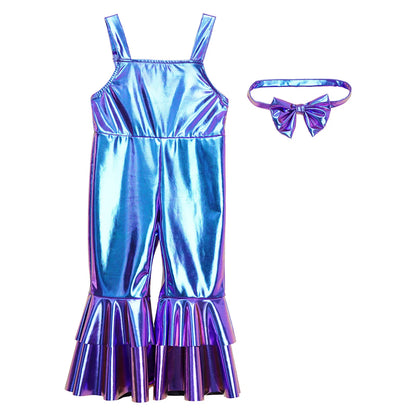 Baby Girls Clothes Birthday Party Metallic Bell Bottoms Romper Djustable Straps Bow Overalls with Headwear Photo Shoot Outfit