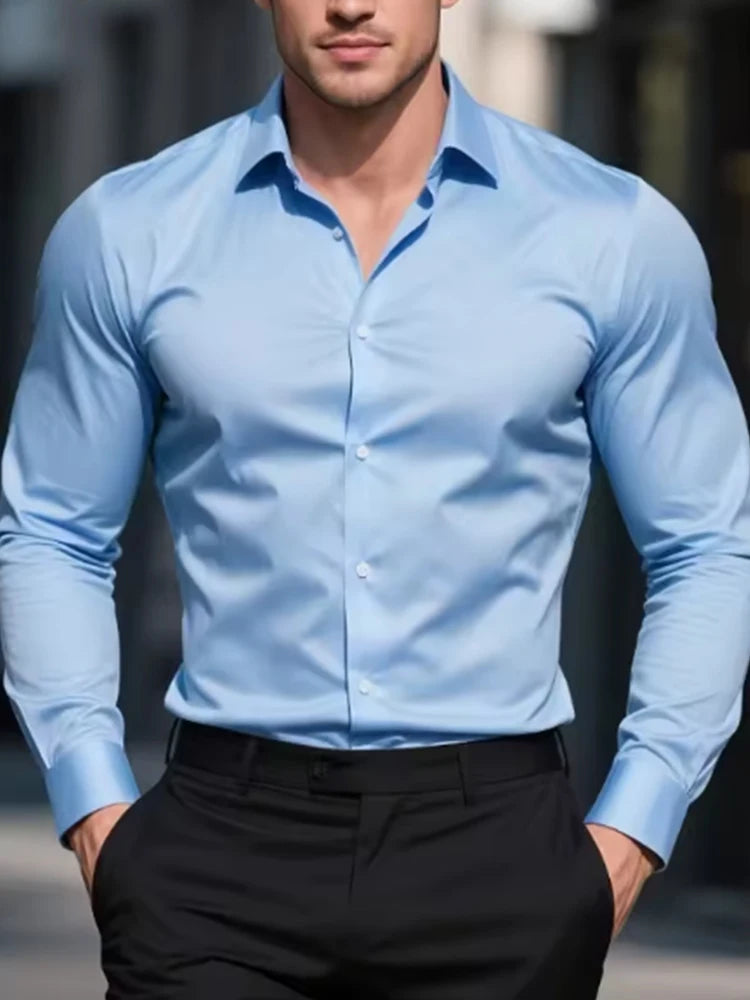 White men's Dress shirt without ironing, business casual, slim and slim black shirt, solid color, fashionable and high-quality