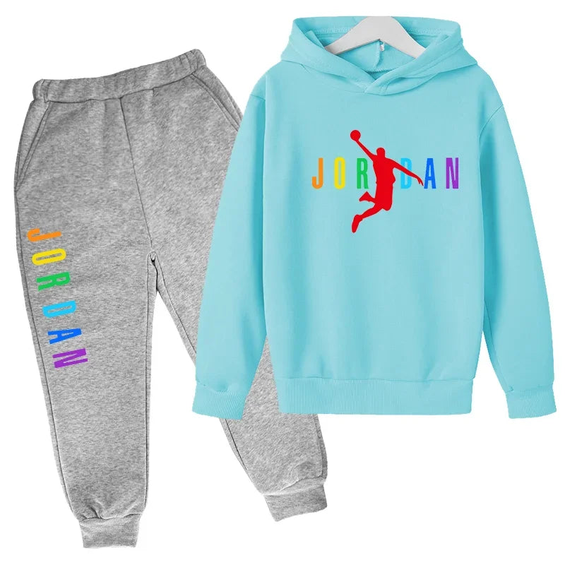Children Sports Coat 3-13 Years Hoodie Basketball Letter Print Boys Sweatshirt Girls Toddler Top + Trousers 2P Stylish Casual Se