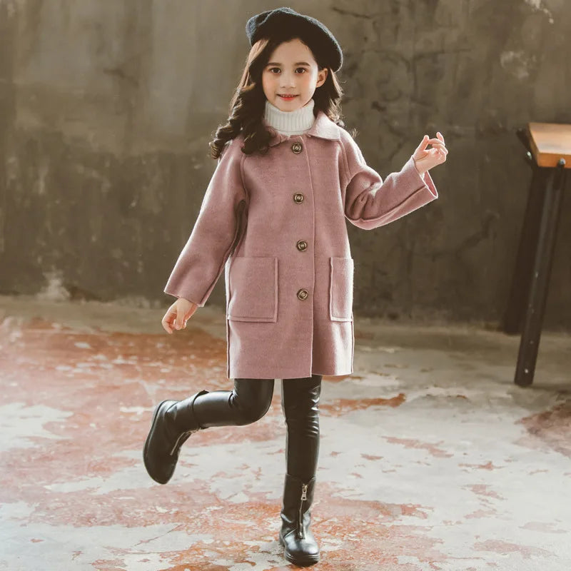 Kids Winter Wool Blend Coats Vintage Fashion Teen Girls Beige Long Jackets Warm Outerwear Thick Jacket Child 6 8 10 12 Years Old