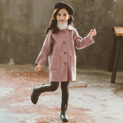 Kids Winter Wool Blend Coats Vintage Fashion Teen Girls Beige Long Jackets Warm Outerwear Thick Jacket Child 6 8 10 12 Years Old
