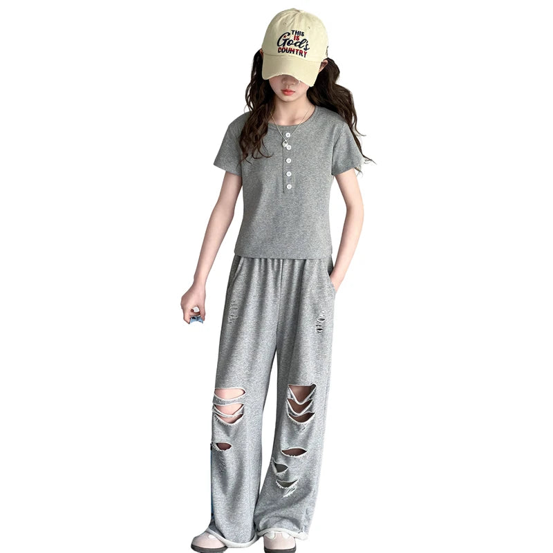 Teenage Girls Clothing Sets 2026 New Grey Fashion Short Sleeve Top+Hole Pants 2Pcs Summer Children Outfits for 5 To 14Years Old