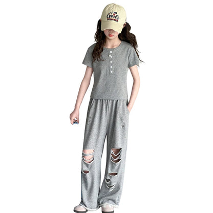 Teenage Girls Clothing Sets 2026 New Grey Fashion Short Sleeve Top+Hole Pants 2Pcs Summer Children Outfits for 5 To 14Years Old