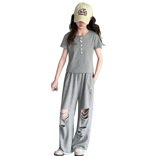 Teenage Girls Clothing Sets 2026 New Grey Fashion Short Sleeve Top+Hole Pants 2Pcs Summer Children Outfits for 5 To 14Years Old