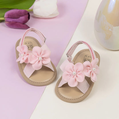 2025 New Baby Girls Shoes Flowers With Pearls Summer Cool Princess Sandals Lightweight Comfortable Soft Anti-slip Flat Sole