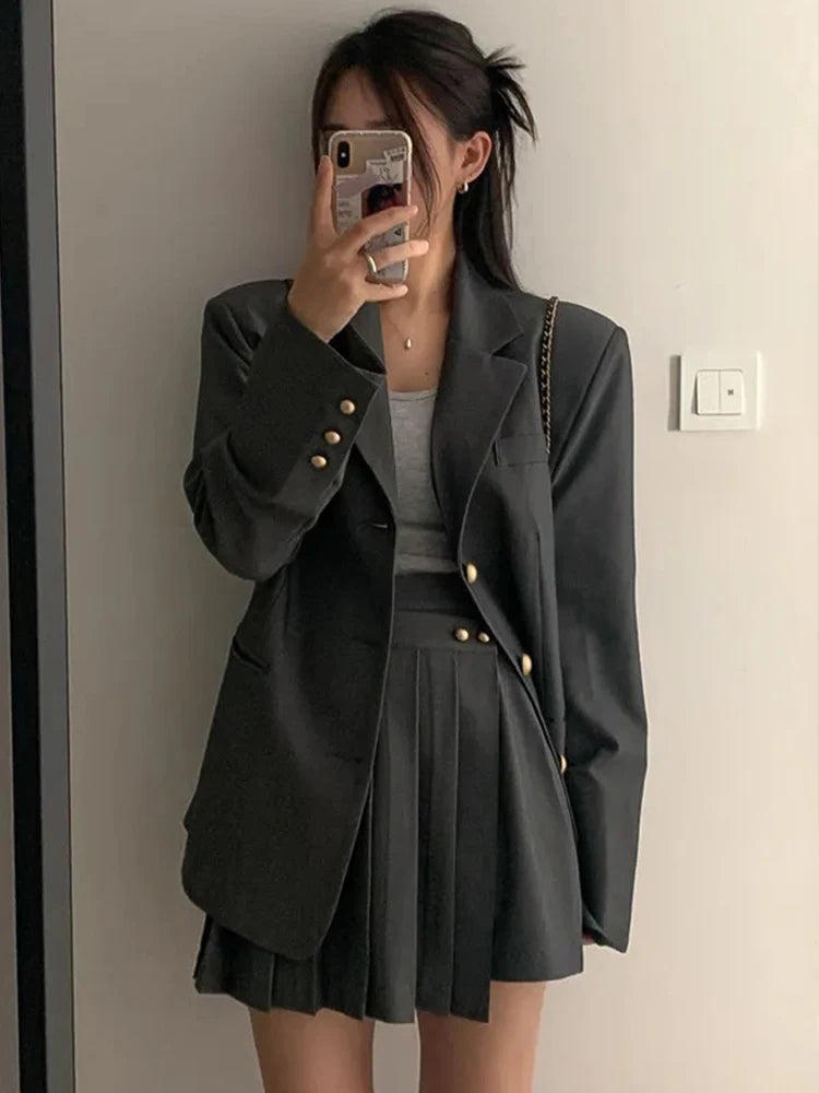Women Clothes Outfit Suits Casual Single Breasted Loose Coat Blazer Suit And High Waist Pleated Mini Short Skirt 2 Piece Set New