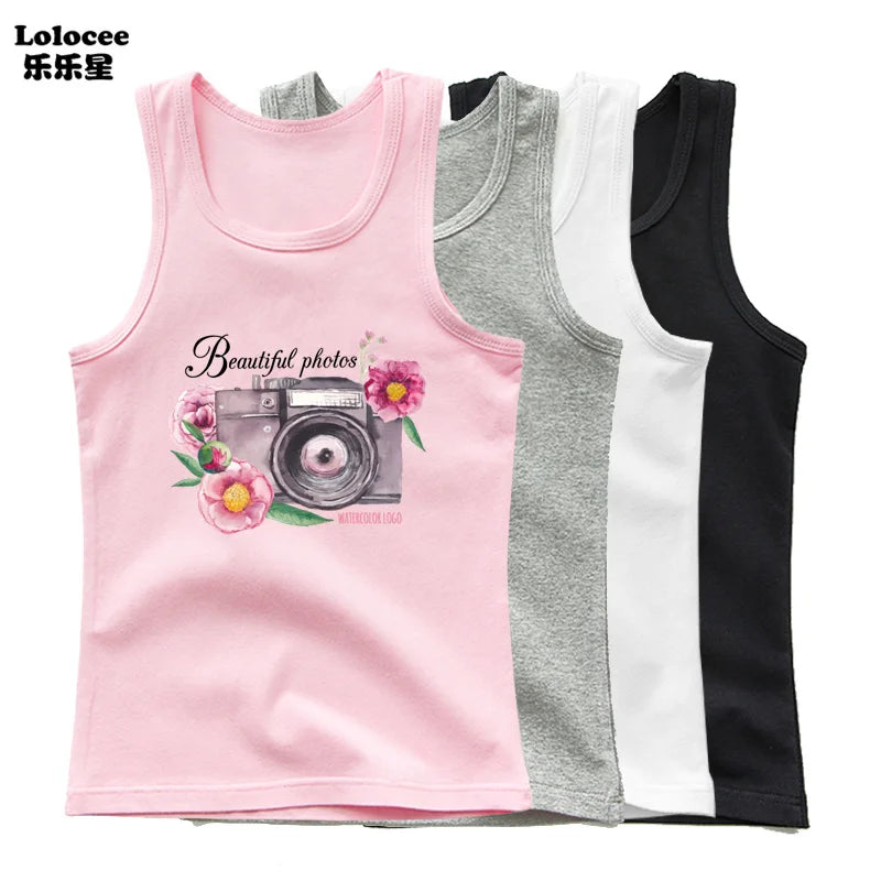 Girls Perfume Floral Singlet Cotton Underwear Summer Children Pink Tank Tops Toddler Kids Sleeveless T-shirt