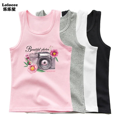 Girls Perfume Floral Singlet Cotton Underwear Summer Children Pink Tank Tops Toddler Kids Sleeveless T-shirt