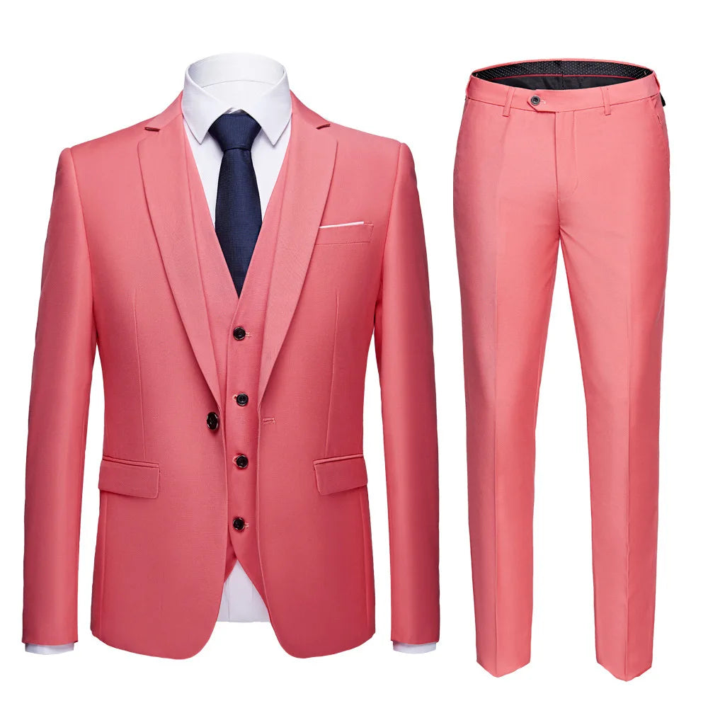 Man Suit Set Simple Solid Color Long Sleeve Male Outfit Single-breasted Slim Business Wedding Versatile Men Three-piece Suits