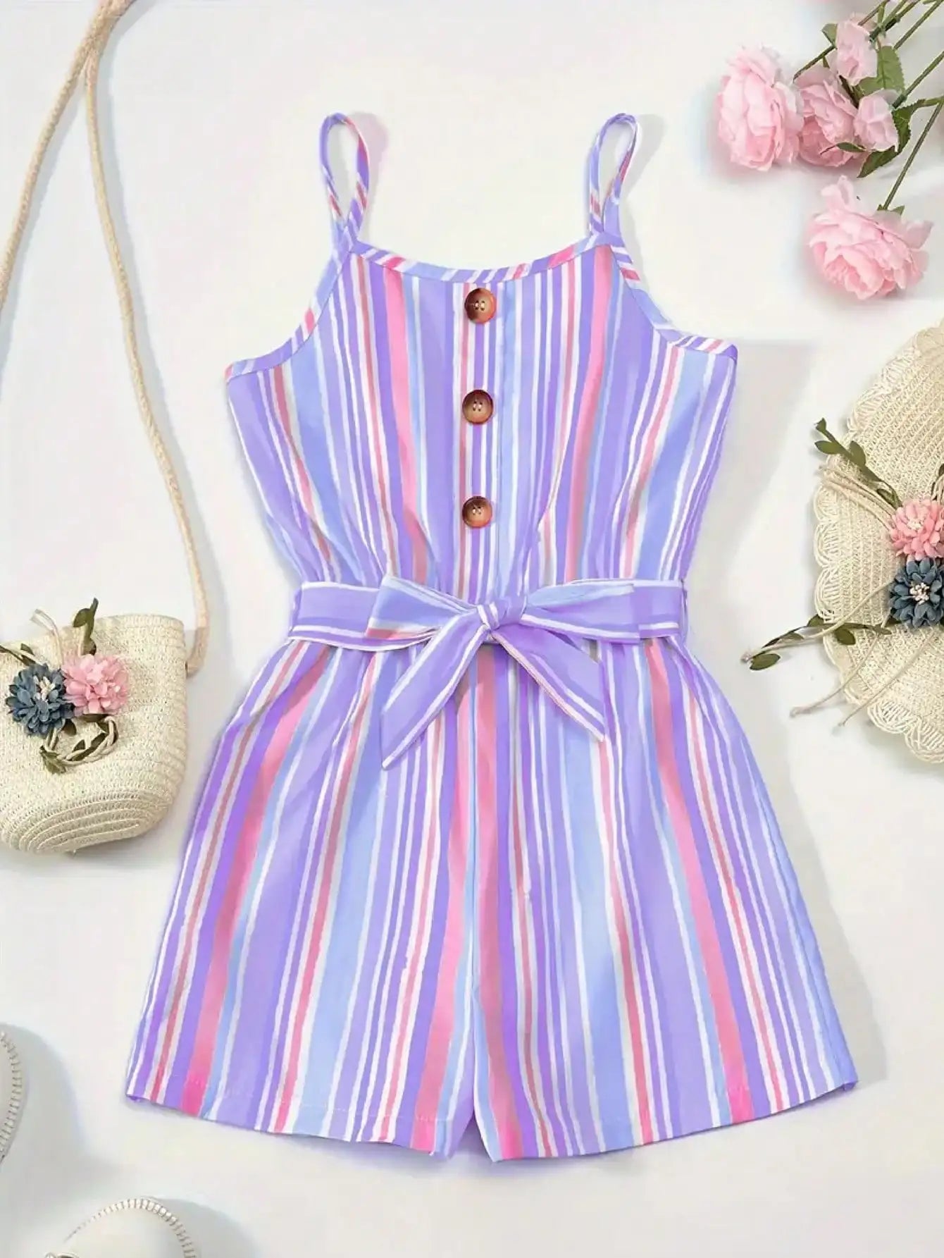 Girls Summer Casual Sleeveless Jumpsuit with Stripes And Buttons Cute Colorful Suspender Shorts for Kids