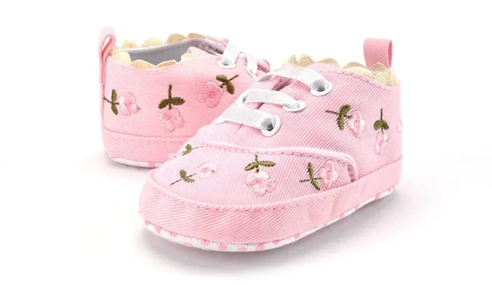 Baby Girls Shoes White Pink Floral Embroidered Soft Soles Shoes Prewalker Walking Toddler Casual Kids Shoes For Dropshipping