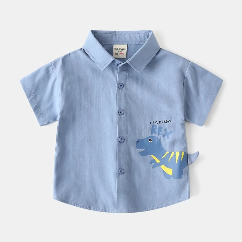 Cute Children's Shirts 2025 Boy Shirts 100% Cotton Short Sleeve White Blue Kids Summer Clothes Toddler Baby 1 to 2 3 4 5 6 7 Yrs