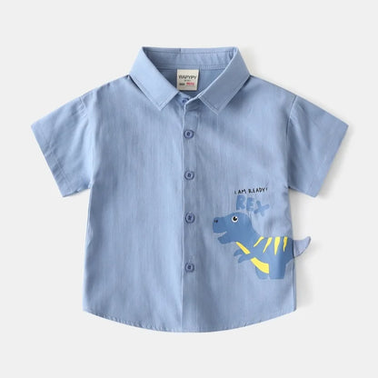 Cute Children's Shirts 2025 Boy Shirts 100% Cotton Short Sleeve White Blue Kids Summer Clothes Toddler Baby 1 to 2 3 4 5 6 7 Yrs