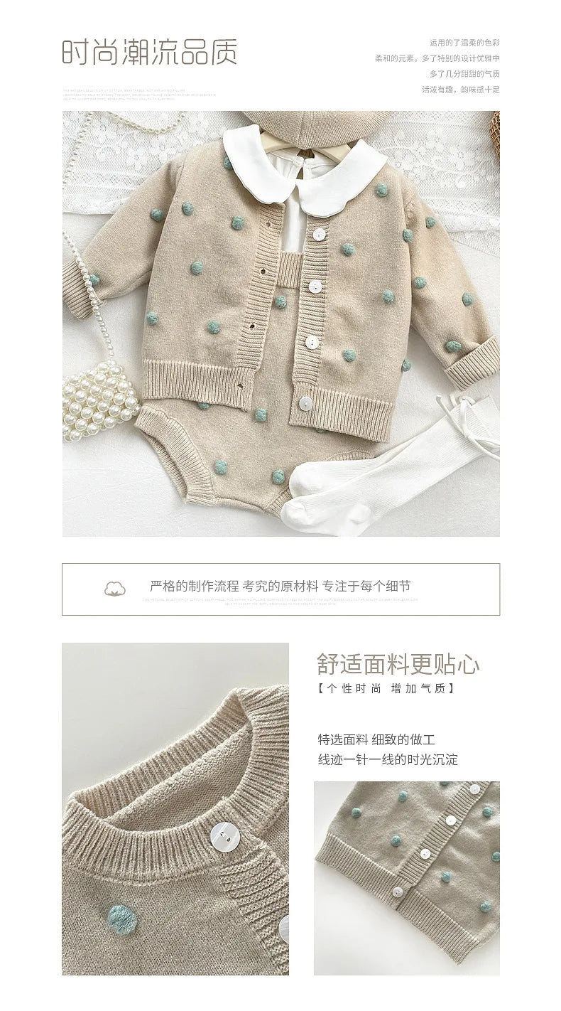 Newborn Baby Girl Clothing Set Spring Autumn Yarn Ball Cardigan Tops+romper Toddler Baby Girl Knitting Clothes Bebe Outfit Set