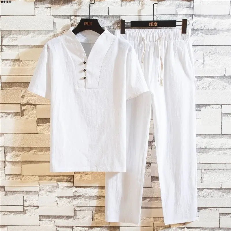 Chinese Style Summer Linen Suit Two-piece Set Men's Cotton Linen Short-sleeved T-shirt Loose Casual Pants