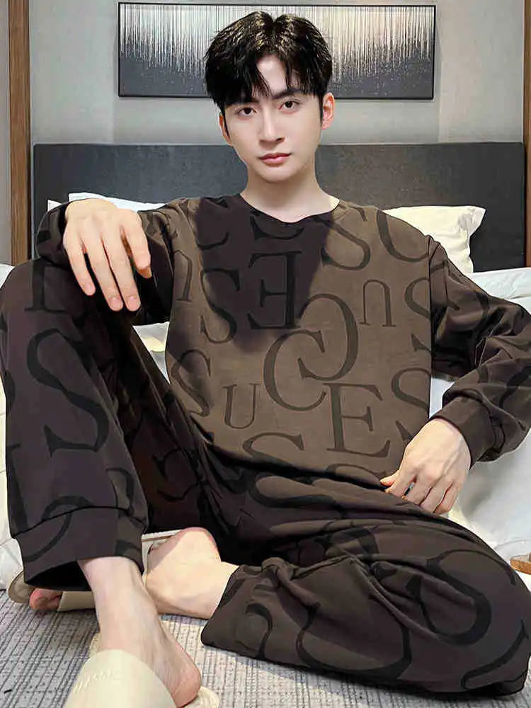 Men Pajamas Set of Autumn and Winter Tops and Pants Youth Nightwear Homewear Two-Piece Student Striped Sleepwear Loungewear