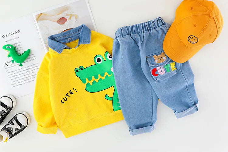 Baby boy clothes 0-4 years old spring and autumn long-sleeved suit boy cartoon lapel cotton sweater + jeans baby 2-piece set