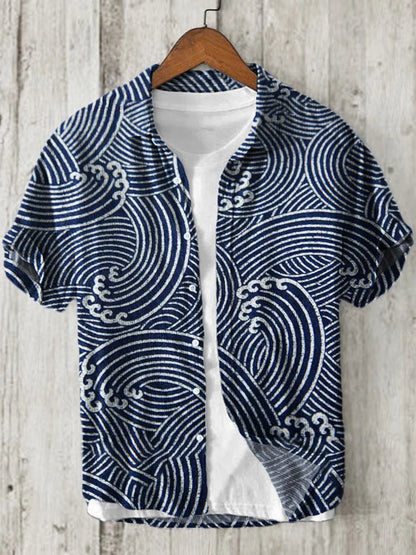 Men's shirt, small fish eating big fish, fashionable and casual, slim fit, Hawaiian men