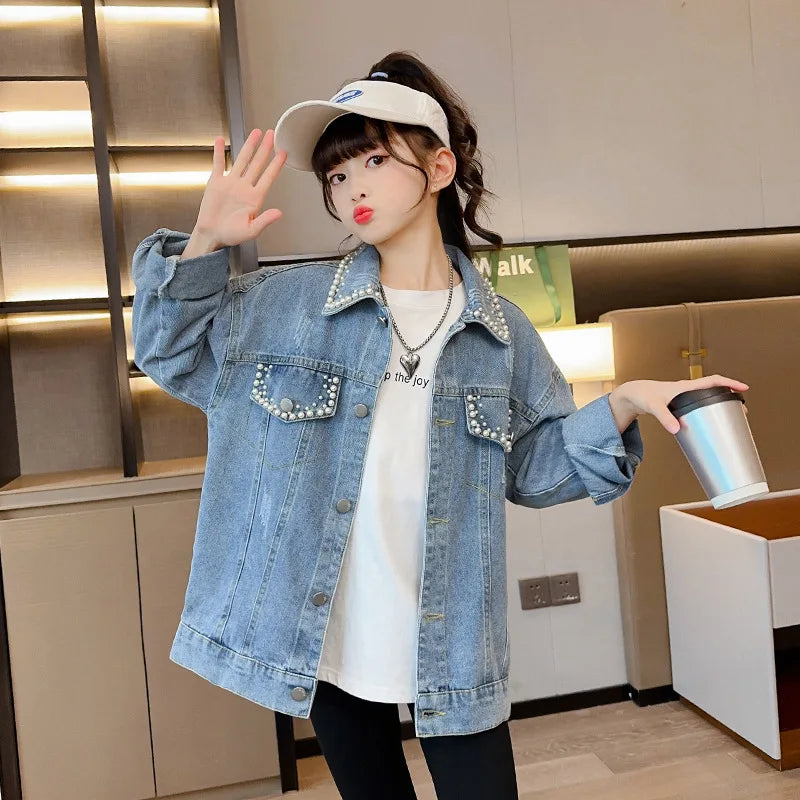 Jacket for Girls Autumn New Beading Denim Coat Fashion All-match School Teen Kids Outerwear 12 13 Years Children Casual Tops