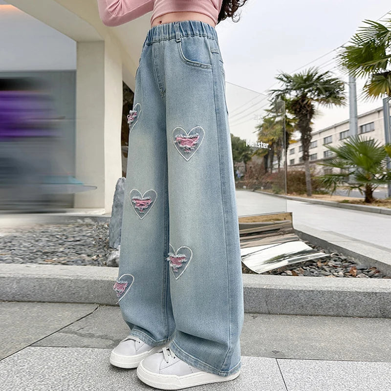 Teen Girls Denim Pants Spring Autumn New Heart Print Hole Wide Leg Pants For 5 6 8 10 12 14 Years Girls Stylish Trousers