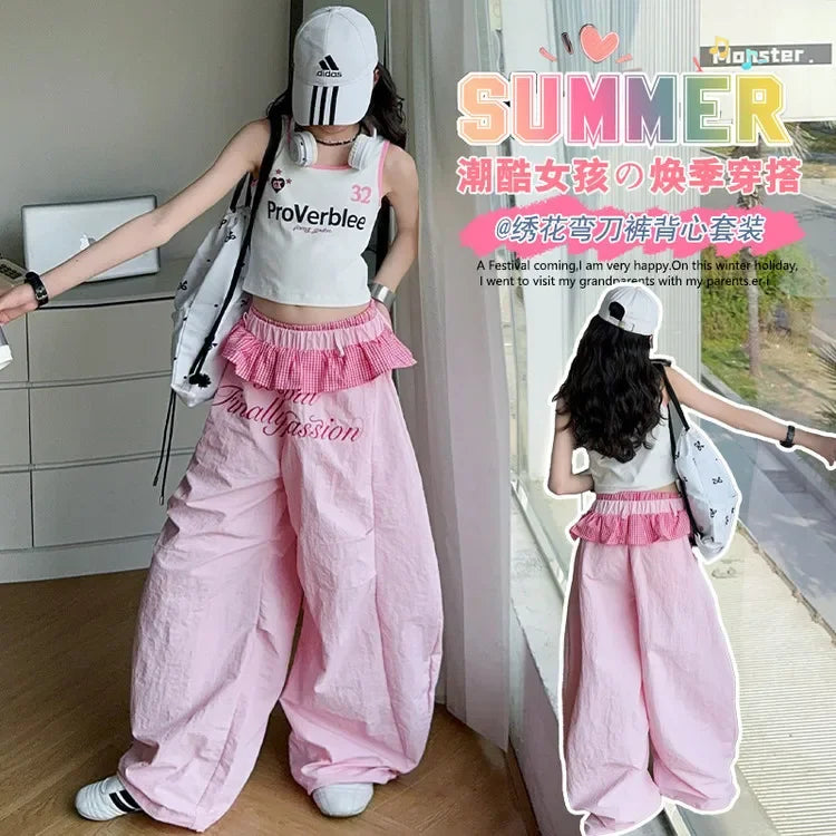 Teen Girls Clothes Cotton Tank Top T-shirt Paratrooper Pants Junior Kid Lotus Leaf Edge Waist Trousers 4-14 Summer Child Outfits
