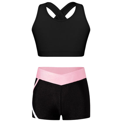 Kids Girls Dance Gymnastics Outfits Ballet Crop Top with Shorts Tracksuit Set 2 PCS Yoga Sports Workout Summer Girl Clothing