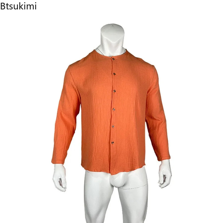 2026 Men's Shirts Spring Summer New Beachwear Button-up Stand Collar Casual Shirts Solid Breathable Long Sleeve Hawaiian Blouses