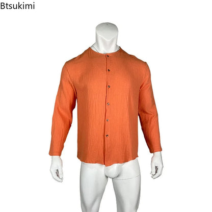 2026 Men's Shirts Spring Summer New Beachwear Button-up Stand Collar Casual Shirts Solid Breathable Long Sleeve Hawaiian Blouses